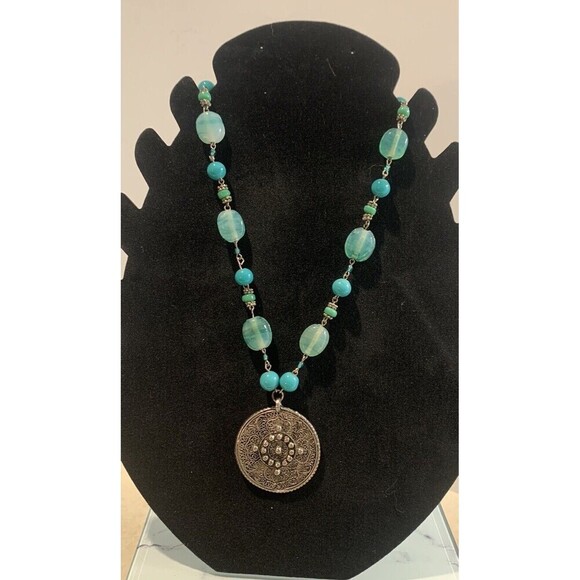 New York & Company Boho Southwestern Turquoise And Medallion Statement Necklace - Picture 1 of 5